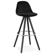 Tabouret de bar 'BLACK CIRCLE' velours noir 4 pieds bois noir repose pieds métal chromé dossier haut