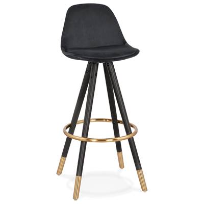 Tabouret de bar 'MODEN' velours noir 4 pieds bois noir repose pieds et pieds métal doré dossier haut