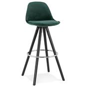 Tabouret de bar 'BLACK CIRCLE' velours vert 4 pieds bois noir repose pieds métal chromé dossier haut