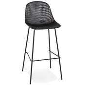 Tabouret de bar design intérieur/extérieur 'RAINY' perforé noir 4 pieds en métal noir dossier haut