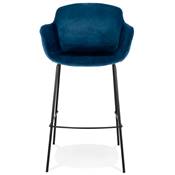 Tabouret de bar design à accoudoirs moderne 'CARINO' en velours bleu avec 4 pieds en métal noir