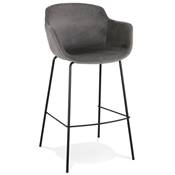 Tabouret de bar design à accoudoirs moderne 'CARINO' en velours gris avec 4 pieds en métal noir