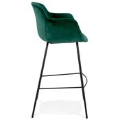 Tabouret de bar design à accoudoirs moderne 'CARINO' en velours vert avec 4 pieds en métal noir