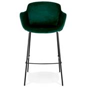 Tabouret de bar design à accoudoirs moderne 'CARINO' en velours vert avec 4 pieds en métal noir