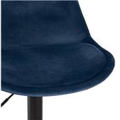 Tabouret de bar réglable 'BAROK' pivotant velours bleu pied et repose pieds métal noir dossier haut