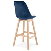 Tabouret de bar design scandinave 'CHAIRMAN' en velours bleu 4 pieds en bois naturel et dossier haut