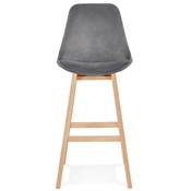 Tabouret de bar design scandinave 'CHAIRMAN' en velours gris 4 pieds en bois naturel et dossier haut