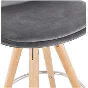 	Tabouret bar scandinave 'CIRCLE' velours gris 4 pieds bois naturel repose pieds chromé dossier haut