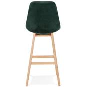 Tabouret de bar design scandinave 'CHAIRMAN' en velours vert 4 pieds en bois naturel et dossier haut