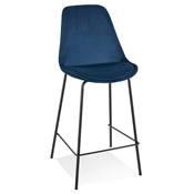 Tabouret de snack mi-hauteur baroque 'KESKI MINI' en velours bleu 4 pieds en métal noir dossier haut