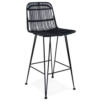 Tabouret de snack mi-hauteur design 'RATTAN' en rotin noir avec 4 pieds en métal noir dossier haut