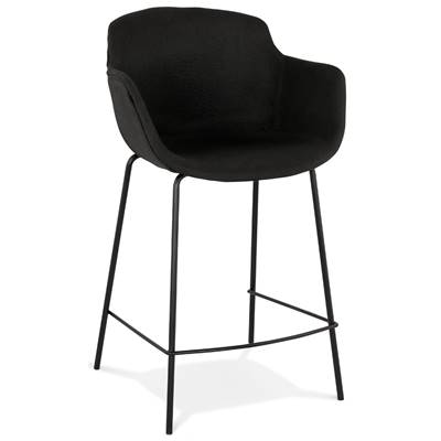 Tabouret de snack mi-hauteur à accoudoirs 'CARINO MINI' tissu noir 4 pieds métal noir dossier haut