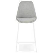 Tabouret de snack mi-hauteur design 'KESKI MINI' tissu gris clair 4 pieds métal blanc dossier haut