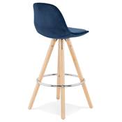 Tabouret snack mi-hauteur scandinave 'CIRCLE MINI' velours bleu 4 pieds bois et chromé dossier haut