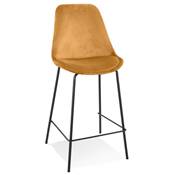 Tabouret de snack mi-hauteur 'KESKI MINI' en velours moutarde 4 pieds en métal noir dossier haut
