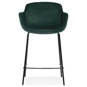 Tabouret de snack design à accoudoirs 'CARINO MINI' en velours vert 4 pieds métal noir dossier haut