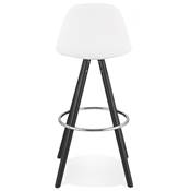 Tabouret de bar 'Black Circle' tissu bouclé blanc 4 pieds bois noir repose pieds chromé dossier haut