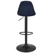 Tabouret de bar réglable 'LUSSO' pivotant velours bleu pied et repose pieds métal noir dossier haut