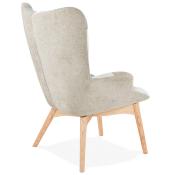 	Fauteuil à oreilles scandinave design 'ELEGAN' en tissu patchwork bleu et gris pieds en bois naturel