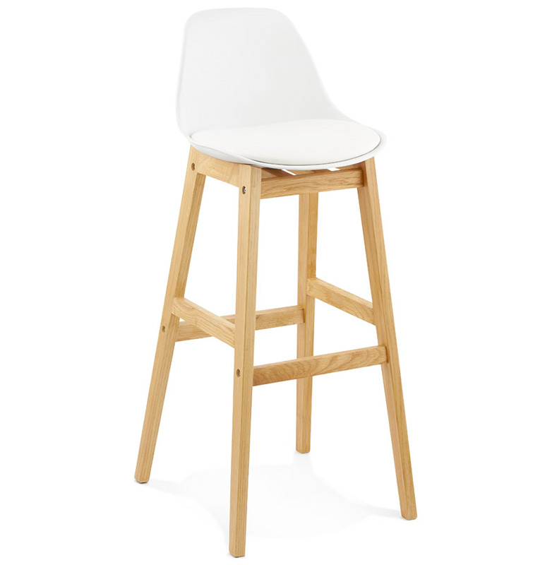 Tabouret de bar design scandinave 'Topo' blanc avec 4 pieds en bois naturel et dossier haut