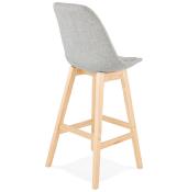 Tabouret de bar design scandinave 'Chairman' en tissu gris 4 pieds en bois naturel et dossier haut