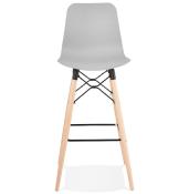 Tabouret de bar scandinave 'Slakwood' gris 4 pieds bois et repose pieds en métal noir dossier haut