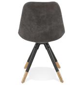 Chaise design 'Modena' en tissu grise avec 4 pieds en bois noir et métal brossé doré