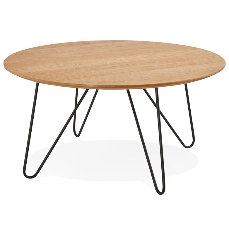 Table basse style industriel ronde 'Cooper' plateau en bois 4 pieds en métal noir - Ø 80 cm