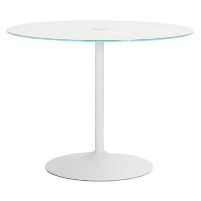 Table à diner design ronde 'Isflak' plateau verre blanc pied central métal blanc – Ø 100 cm
