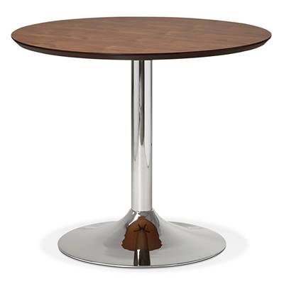 Petite table à diner / de bureau ronde 'Kontur' plateau noyer pied central métal chromé - Ø 90 cm