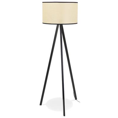 Lampadaire trépied scandinave 'SNELL' avec abat-jour en rotin naturel et 3 pieds en métal noir