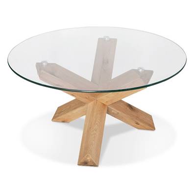 Table basse ronde 'FAST GLAS' plateau en verre trempé transparent 4 pieds bois massif ciré - Ø 80 cm