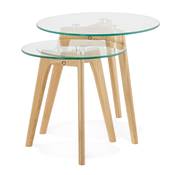 Tables basses scandinaves gigognes rondes 'Mukavä' plateau en verre 3 pieds en bois - Ø 50 cm