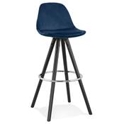 Tabouret de bar 'BLACK CIRCLE' velours bleu 4 pieds bois noir repose pieds métal chromé dossier haut