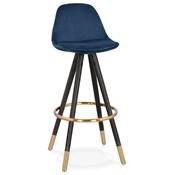 Tabouret de bar 'MODEN' velours bleu 4 pieds bois noir repose pieds et pieds métal doré dossier haut