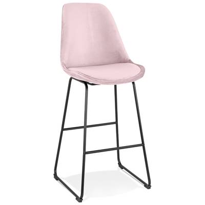 Tabouret de bar design 'GUSTO' en velours rose pieds tréteaux repose pieds métal noir dossier haut
