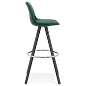 Tabouret de bar 'BLACK CIRCLE' velours vert 4 pieds bois noir repose pieds métal chromé dossier haut