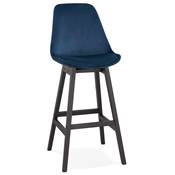 Tabouret de bar design 'CHAIRMAN BLACK EDITION' velours bleu 4 pieds en bois noir dossier haut