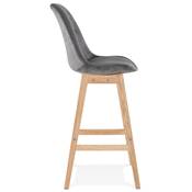 Tabouret de bar design scandinave 'CHAIRMAN' en velours gris 4 pieds en bois naturel et dossier haut