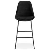 Tabouret de bar 'GUSTO' en velours noir pieds tréteaux et repose pieds en métal noir dossier haut