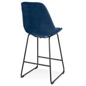 Tabouret de snack mi-hauteur 'GUSTO MINI' velours bleu pieds tréteaux en métal noir dossier haut