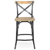 Tabouret snack mi-hauteur vintage 'MAKINA MINI' noyer effet vieilli 4 pieds métal noir dossier haut