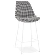 Tabouret de snack mi-hauteur 'KESKI MINI' en tissu pied de poule 4 pieds métal blanc dossier haut