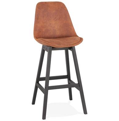 Tabouret de bar design 'CHAIRMAN BLACK EDITION' en microfibre marron 4 pieds bois noir dossier haut