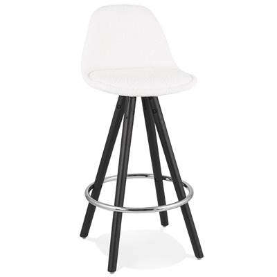 Tabouret snack mi-hauteur 'Black Circle' tissu bouclé blanc 4 pieds bois noir et chromé dossier haut