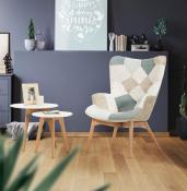 	Fauteuil à oreilles scandinave design 'ELEGAN' en tissu patchwork bleu et gris pieds en bois naturel