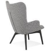Fauteuil à oreilles design capitonné design 'ELEGAN' en tissu pied de poule pieds en bois noir