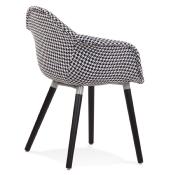 Chaise design scandinave à accoudoirs 'KOLOR' en tissu pied de poule blanc et noir 4 pieds en bois noir