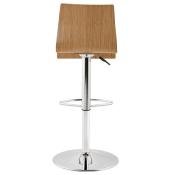 Tabouret de bar réglable 'Deepwood' pivotant bois pied et repose pieds en métal chromé dossier haut