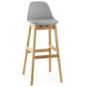 Tabouret de bar design scandinave 'Topo' gris avec 4 pieds en bois naturel et dossier haut